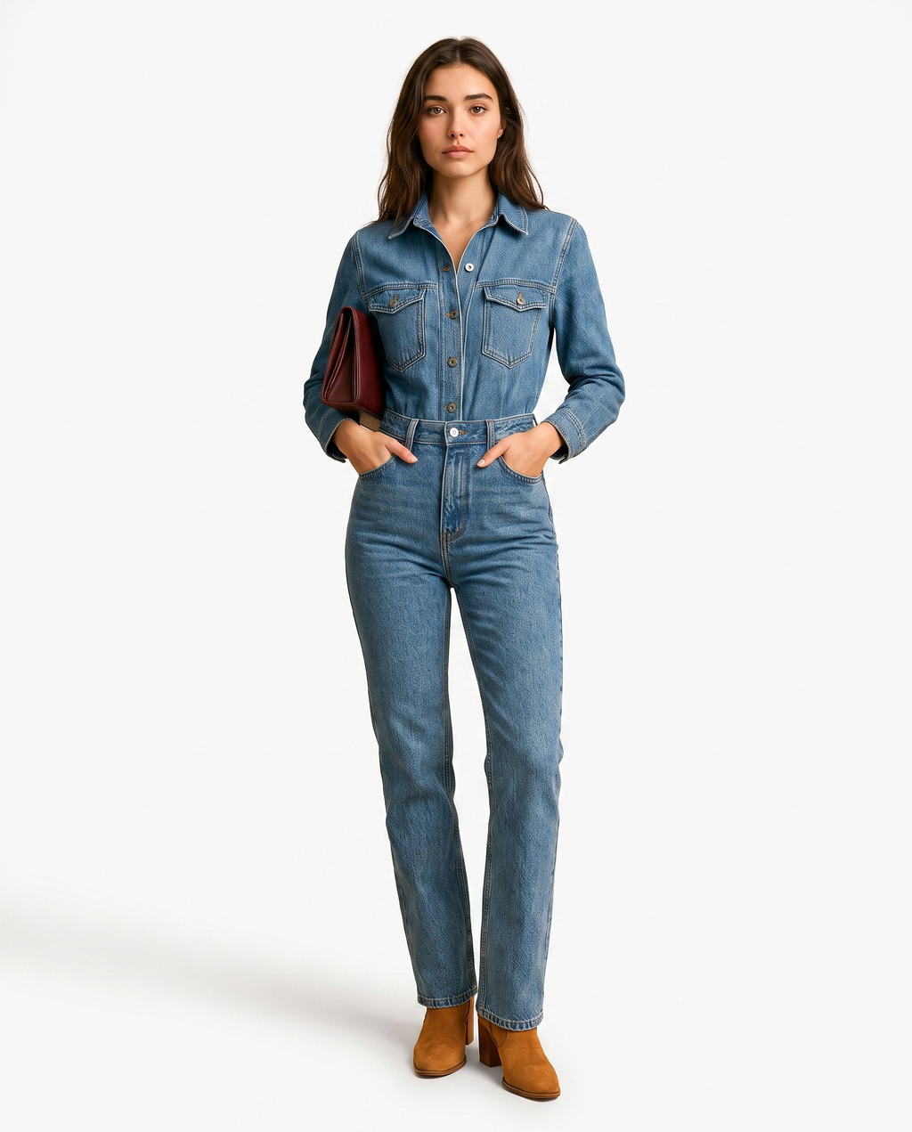 Blue denim jumpsuit with chest pockets and button front, straight-leg style