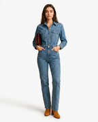 Blue denim jumpsuit with chest pockets and button front, straight-leg style