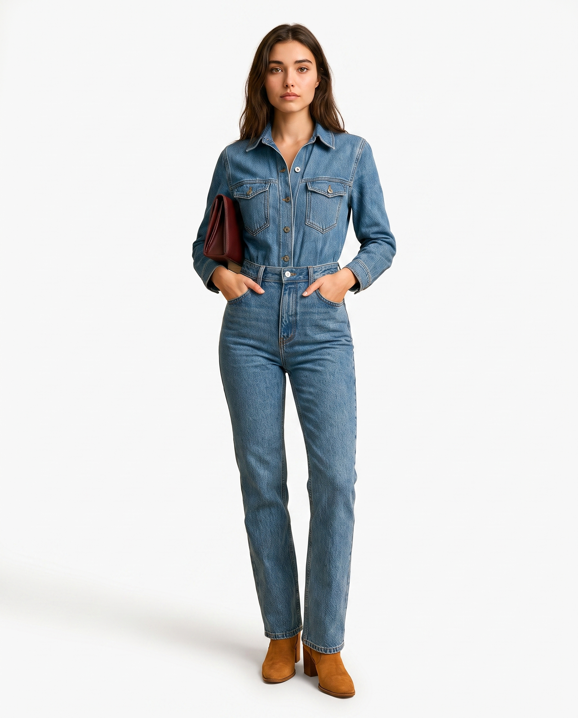 Blue denim jumpsuit with chest pockets and button front, straight-leg style