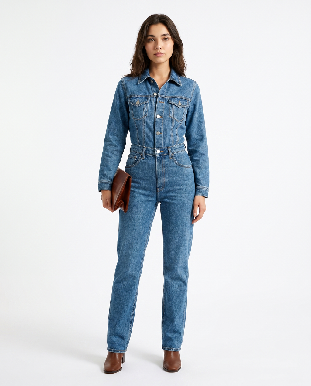 Blue denim jumpsuit with belted waist and button front, straight-leg fit