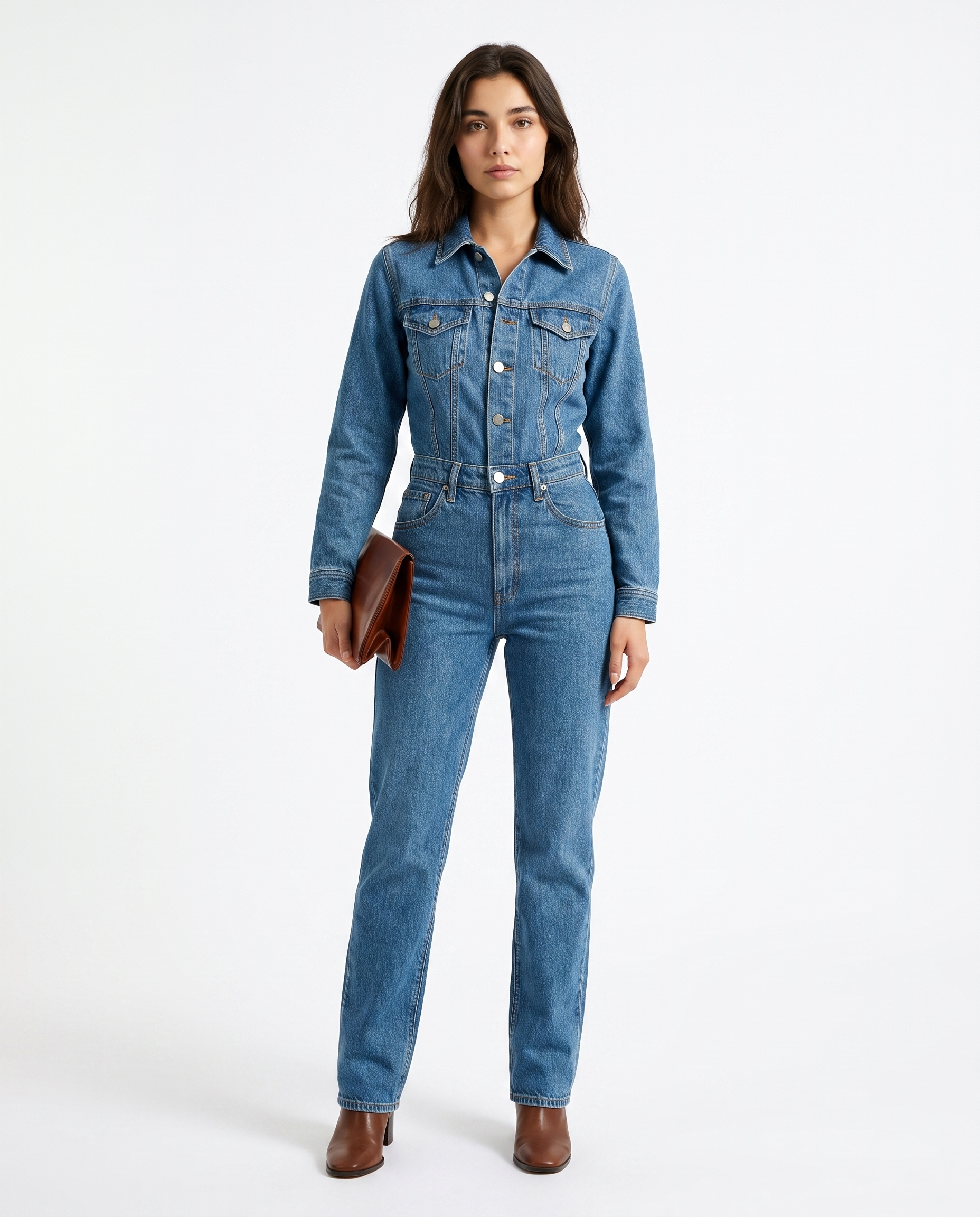 Blue denim jumpsuit with belted waist and button front, straight-leg fit