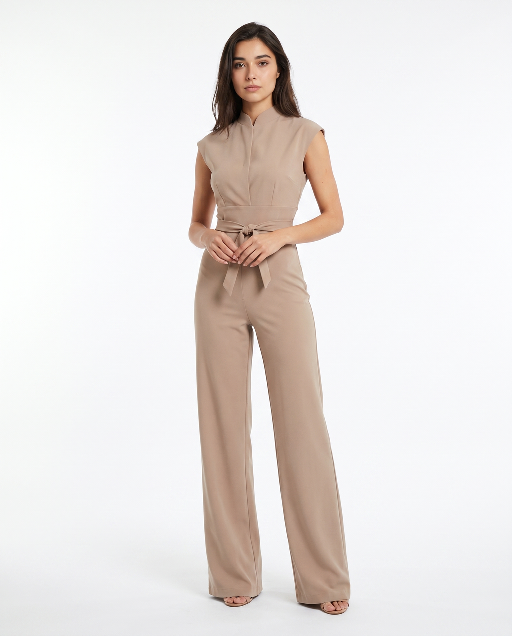 Women’s beige sleeveless wide-leg jumpsuit with stand collar, front zipper, tied waist
