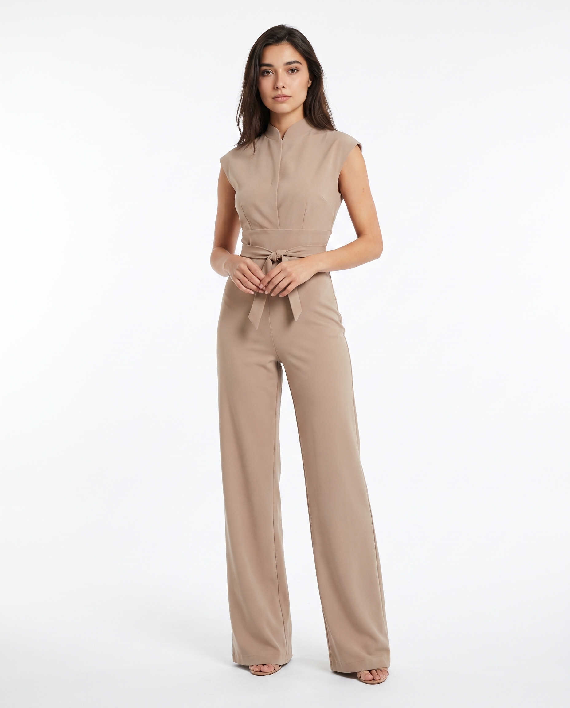 Women’s beige sleeveless wide-leg jumpsuit with stand collar, front zipper, tied waist