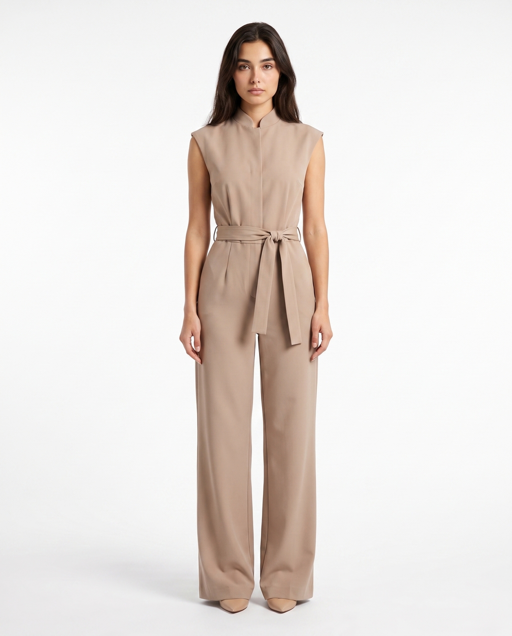 Women’s beige sleeveless wide-leg jumpsuit with stand collar and belt-tie at waist