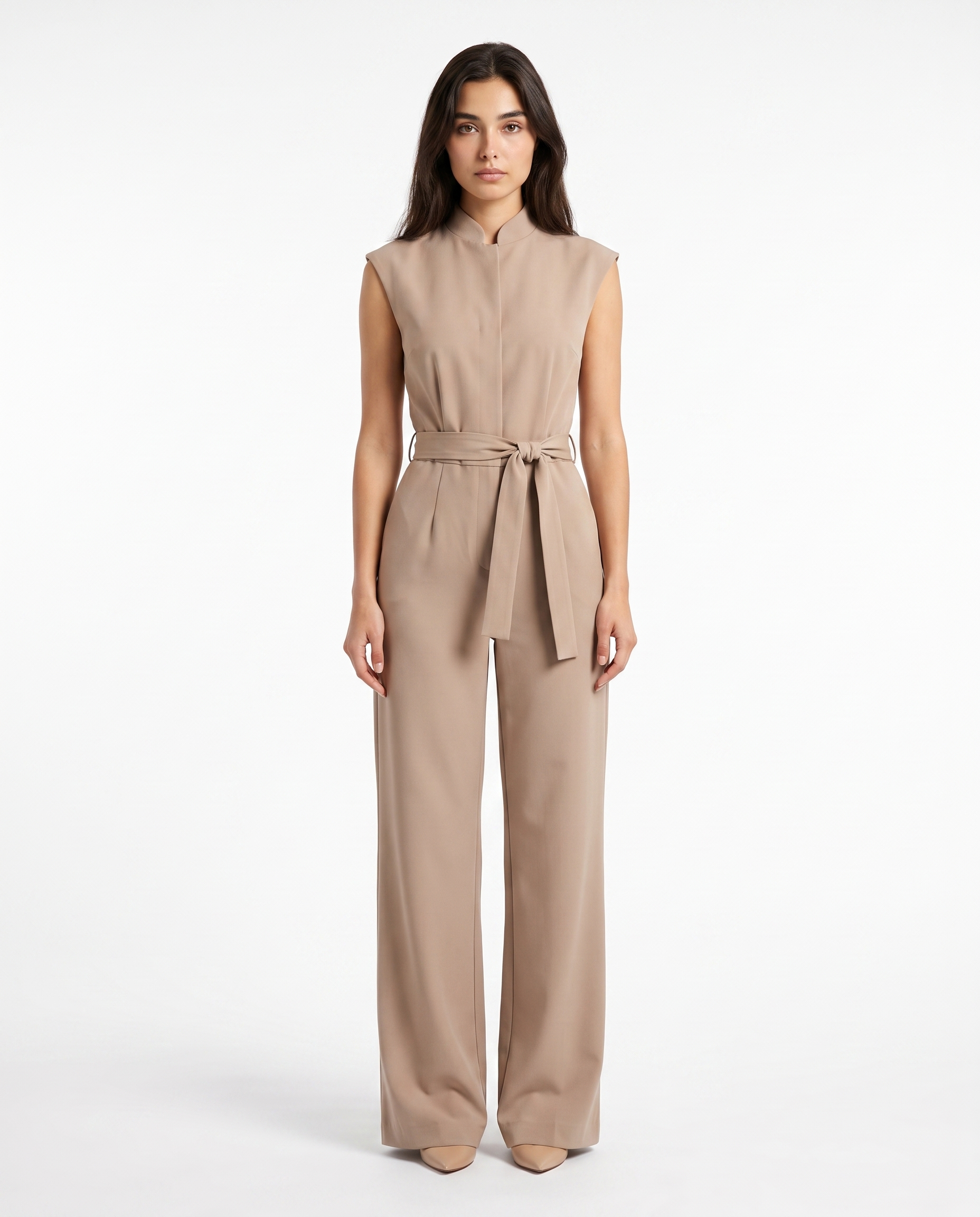 Women’s beige sleeveless wide-leg jumpsuit with stand collar and belt-tie at waist