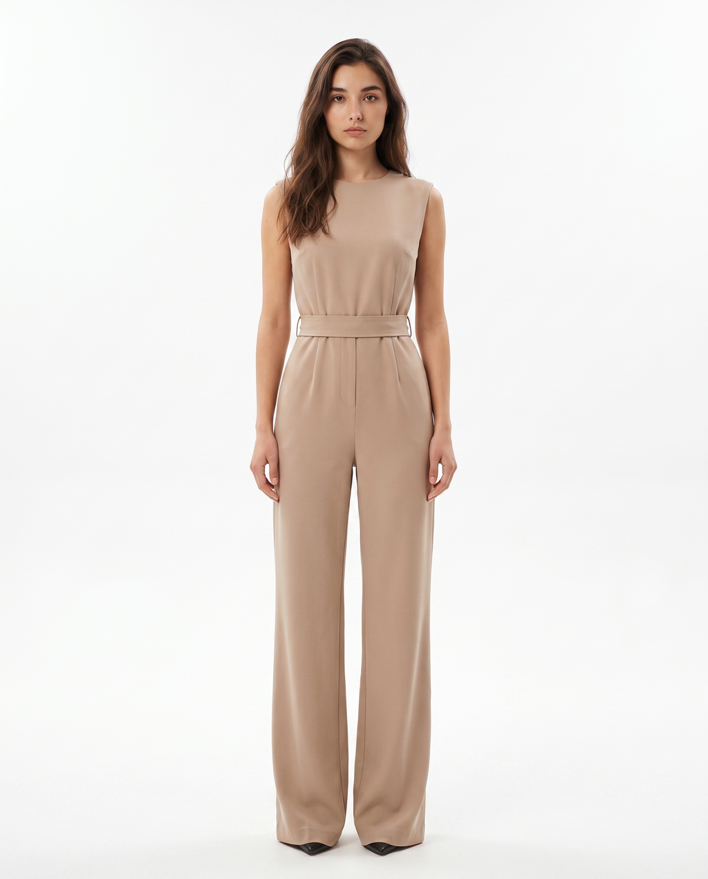 Women’s beige sleeveless wide-leg jumpsuit with stand collar and waist belt