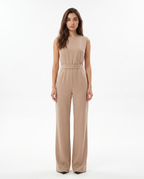 Women’s beige sleeveless wide-leg jumpsuit with stand collar and waist belt