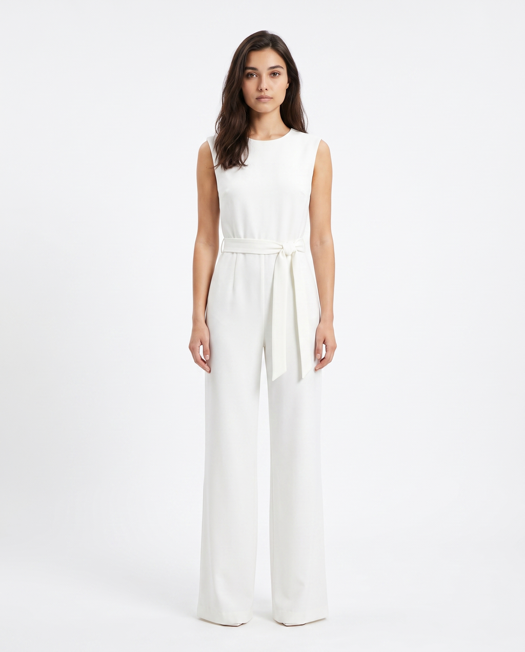 Women’s white sleeveless wide-leg jumpsuit with scoop neck and waist tie