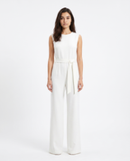 Women’s white sleeveless wide-leg jumpsuit with scoop neck and waist tie