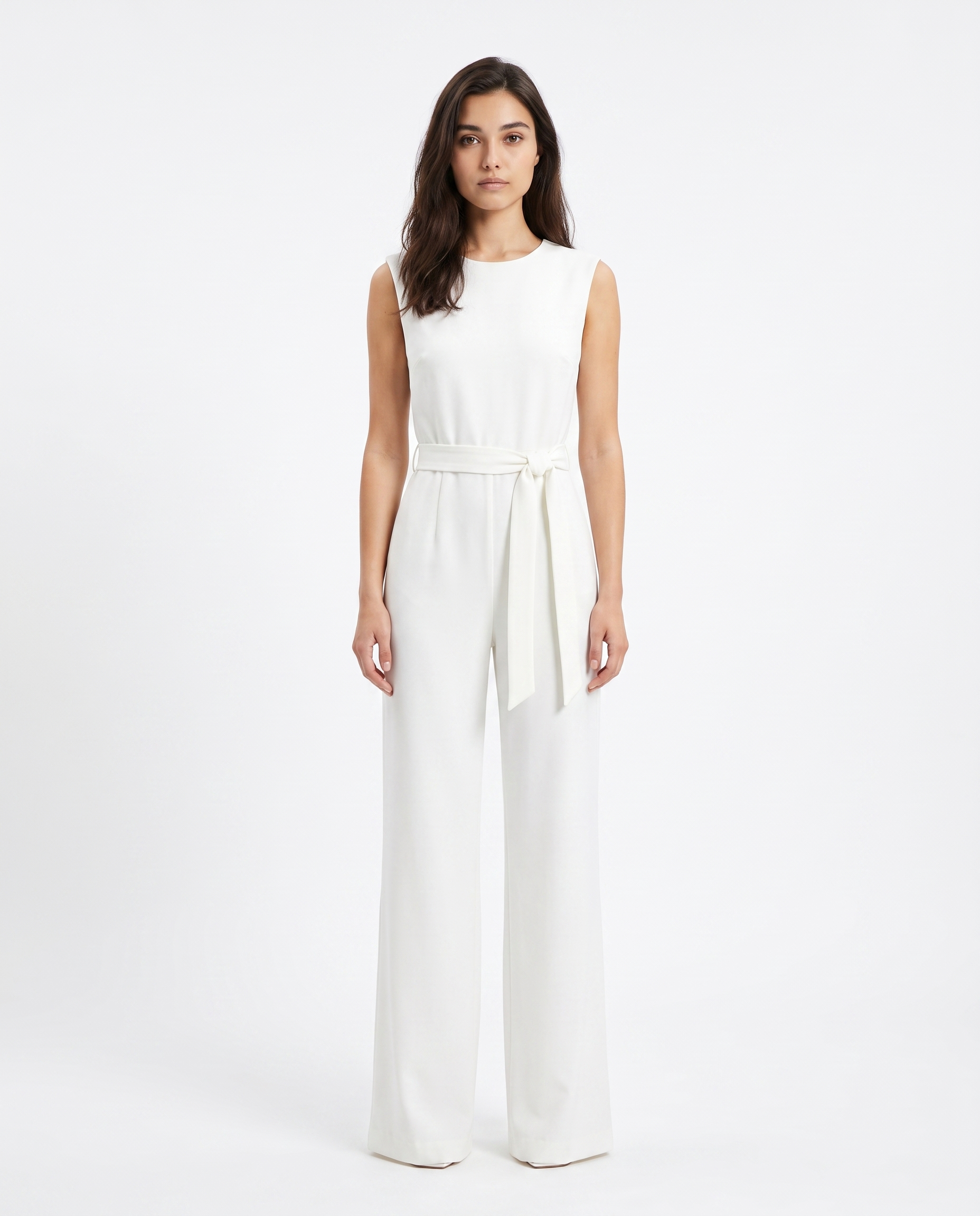 Women’s white sleeveless wide-leg jumpsuit with scoop neck and waist tie