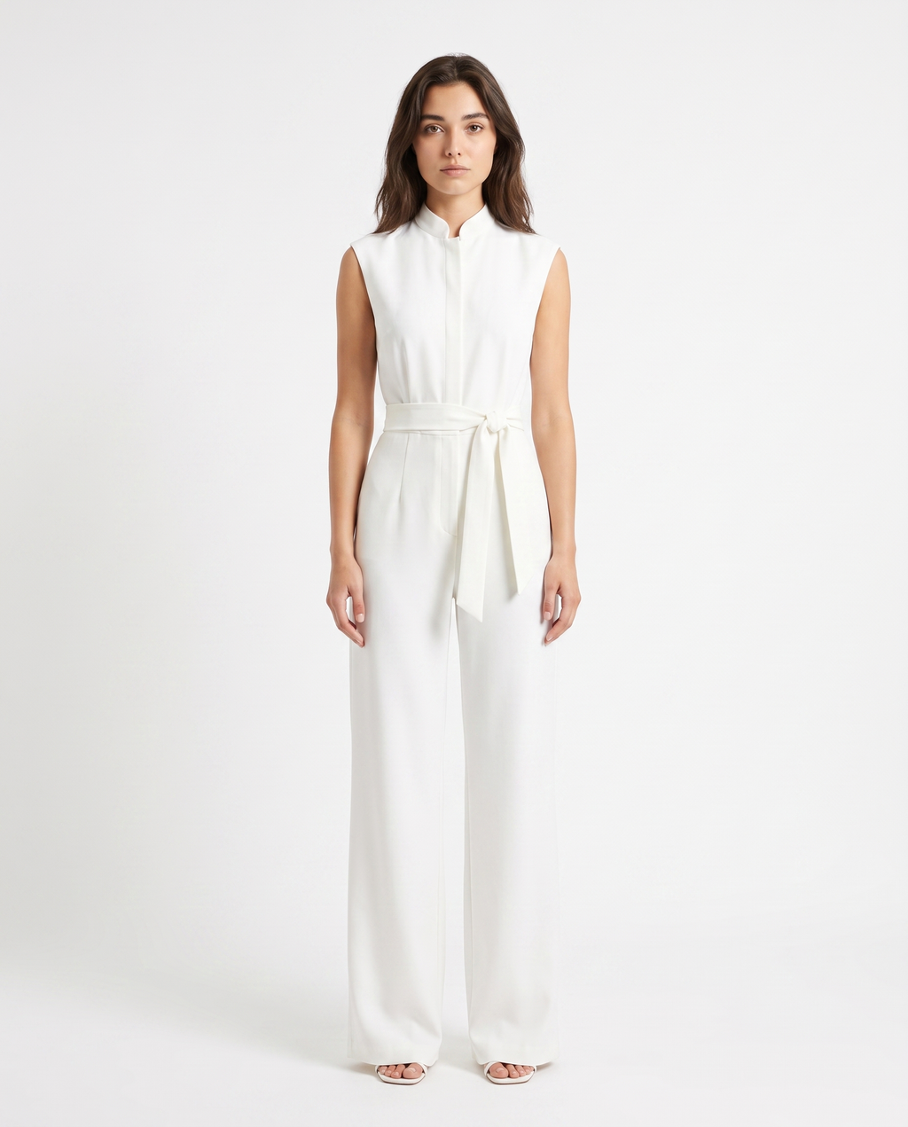 Women’s white sleeveless wide-leg jumpsuit with stand collar and waist tie