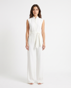 Women’s white sleeveless wide-leg jumpsuit with stand collar and waist tie