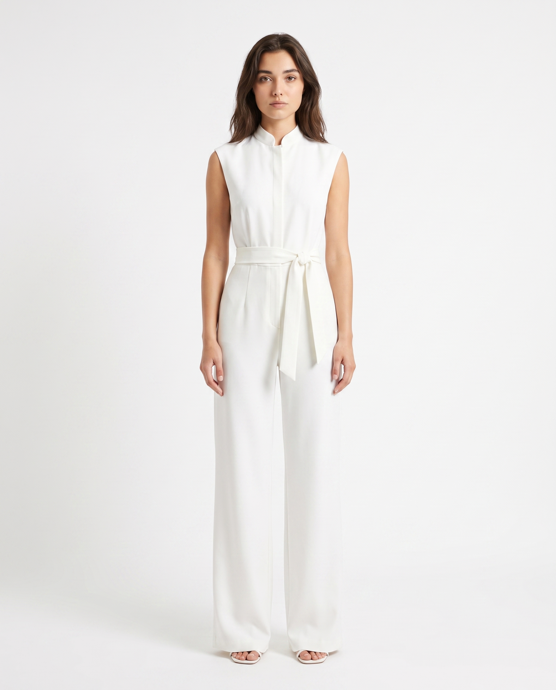 Women’s white sleeveless wide-leg jumpsuit with stand collar and waist tie