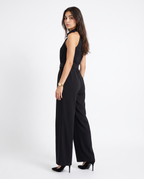 Women’s black sleeveless wide-leg jumpsuit with waist tie and side seam pockets
