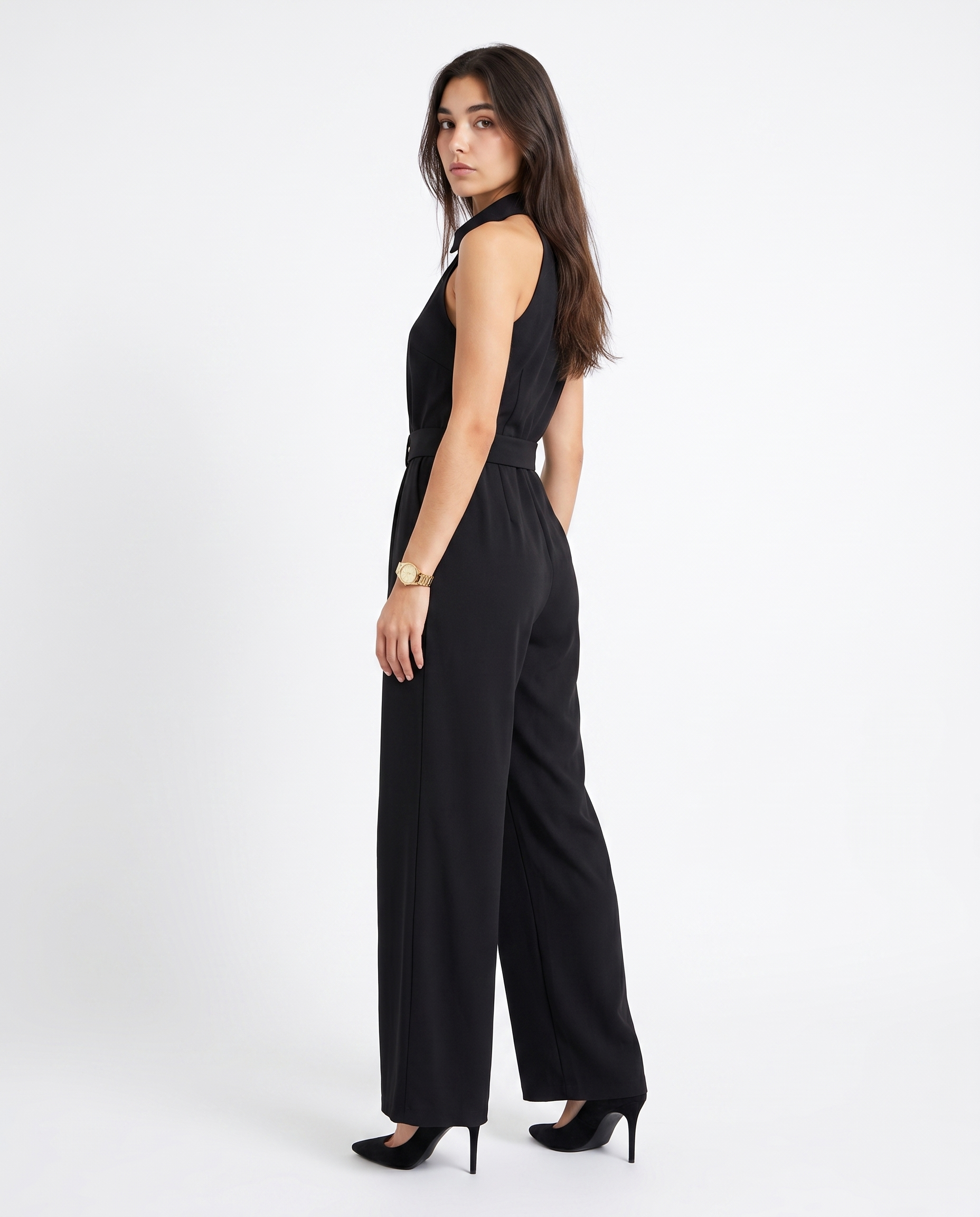 Women’s black sleeveless wide-leg jumpsuit with waist tie and side seam pockets