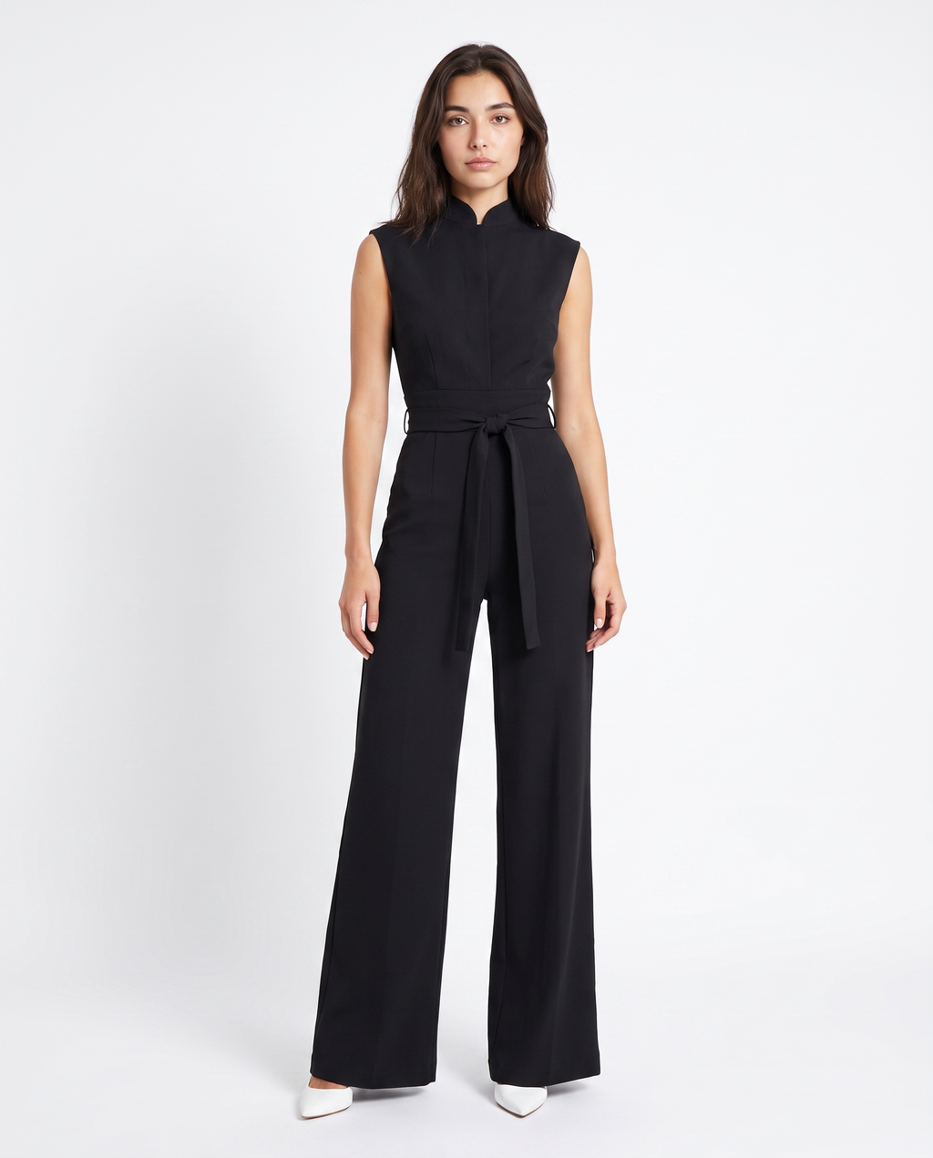 Women’s black sleeveless wide-leg jumpsuit with stand collar and waist belt tie