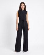Women’s black sleeveless wide-leg jumpsuit with stand collar and waist belt tie
